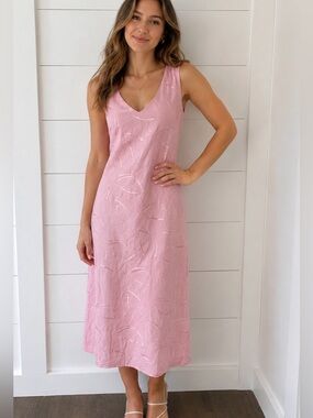 Y2K linen Sherri Martin soft pink embroidered classic coastal Vintage midi dress